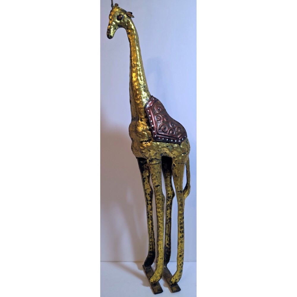 Handcrafted Metal Giraffe Figurine in a Distressed Gold Finish 19.5" Tall